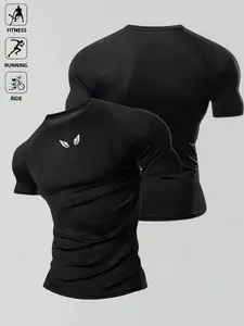 1pc Men's Muscle Fit T-Shirt Black Tight Compression Minimalist Wing  Print Short Sleeve Gym Workout Bodybuilding Edgy Streetwear Summer Activewear Casual Fitness Top For Male Athletic Weightlifting Training.