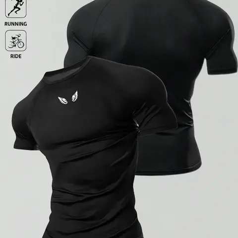 1pc Men's Muscle Fit T-Shirt Black Tight Compression Minimalist Wing Print Short Sleeve Gym Workout Bodybuilding Edgy Streetwear Summer Activewear Casual Fitness Top For Male Athletic Weightlifting Training Fitness Clothes Tops