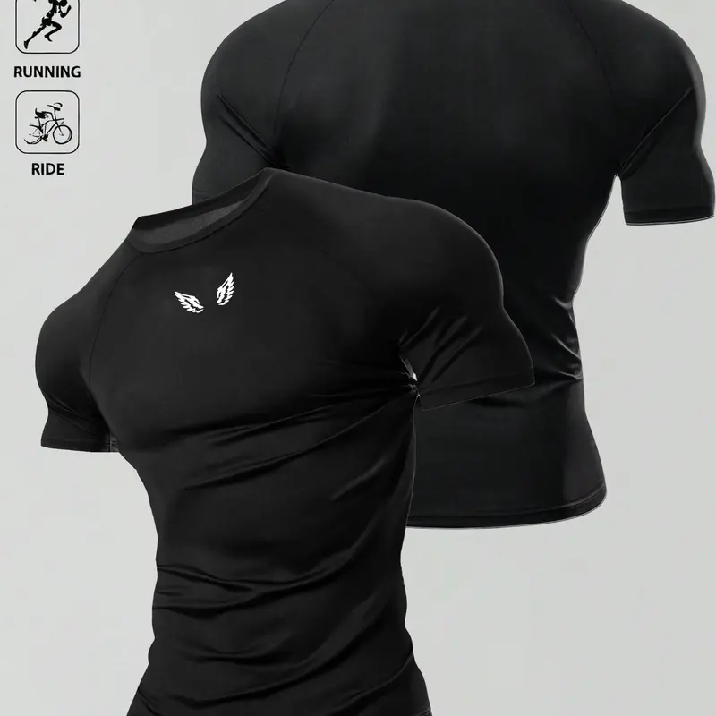 1pc Men's Muscle Fit T-Shirt Black Tight Compression Minimalist Wing Print Short Sleeve Gym Workout Bodybuilding Edgy Streetwear Summer Activewear Casual Fitness Top For Male Athletic Weightlifting Training Fitness Clothes Tops