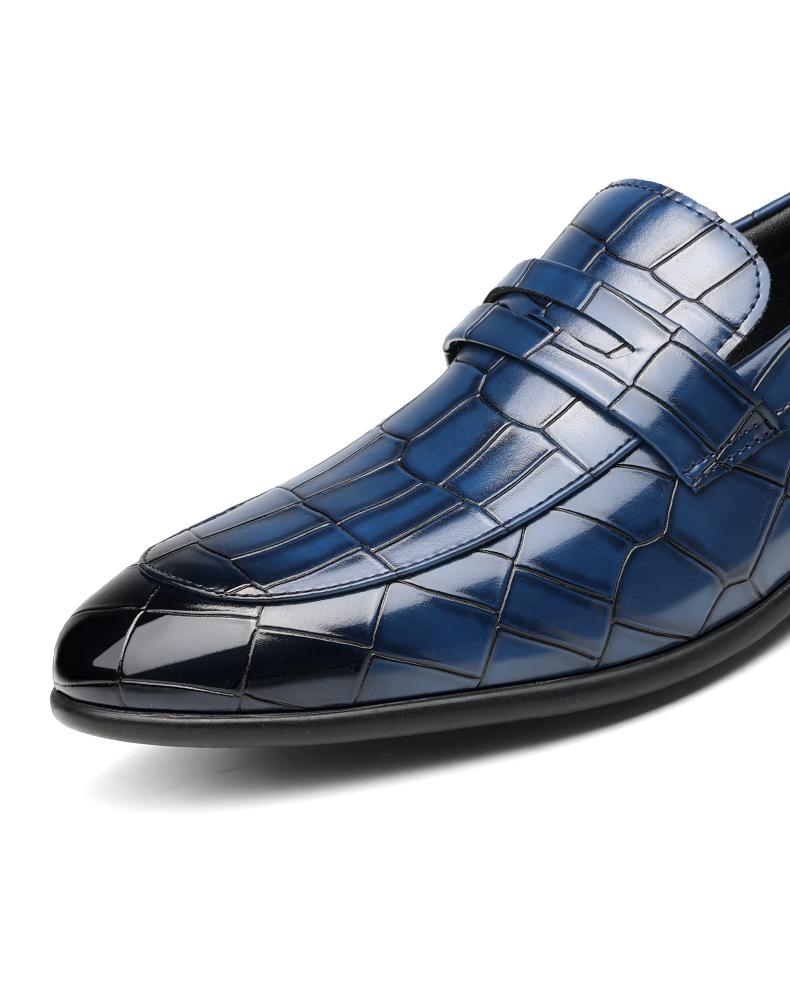 Men's Blue Croc-Embossed Penny Loafers, Formal Slip-On Leather Shoes38696