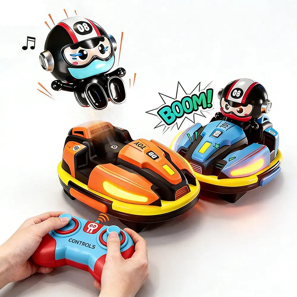 2-Player RC Bumper Cars Set, 2.4 GHz Remote Control Indoor Cars with Light, Music Feature, Acceleration Button, 2024 New Cooling Spray Design, Action Figures, Toddler Toys for Ages 1-5, Christmas Birthday Gift (Cells Included), Rechargeable, 2 Cars + 2 Re