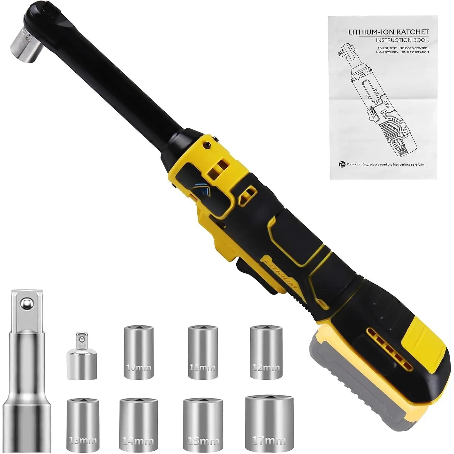 3/8" Extended Cordless Ratchet Wrench for  20V Series , 600 RPM, 100 N.m Electric Power Ratchet Set with 8 Metric Sleeves,Built-in LED Light, Extended 6-inch Long