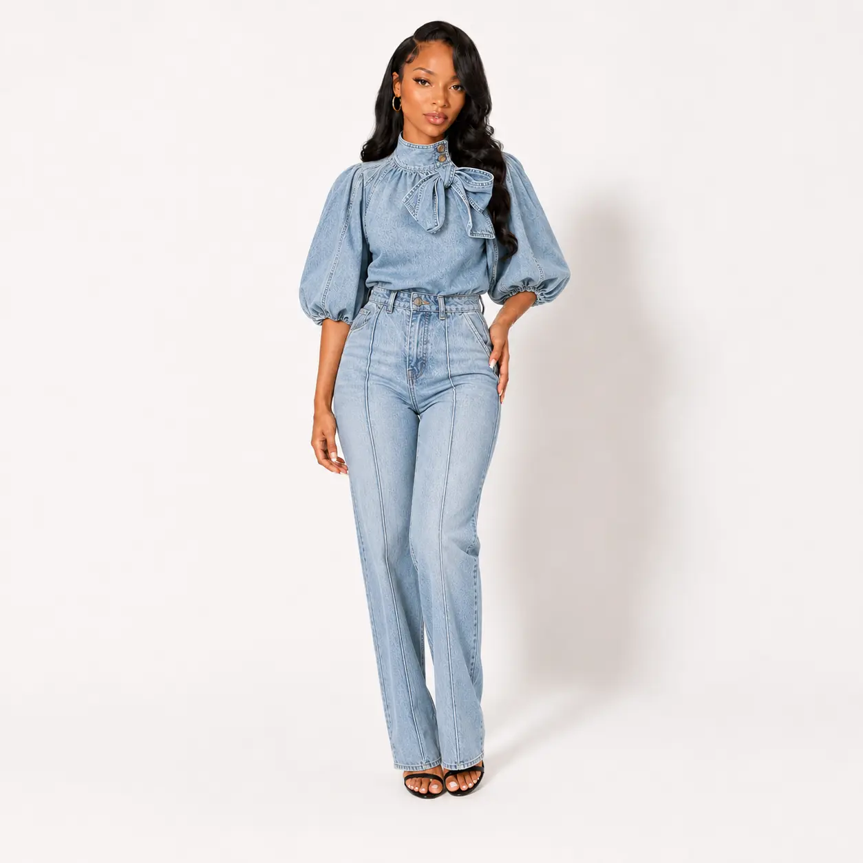 Motionkiller Tied-Denim Top Shirt - Classic Tied Design, Comfortable Fit, Ideal for Casual Wear, Fabric, Apparel, Fitted, Shortsleeve, Blouse, Women, Fashion, Half Sleeve, Medium Length, Mock Neck, Elegant, Tied Bow