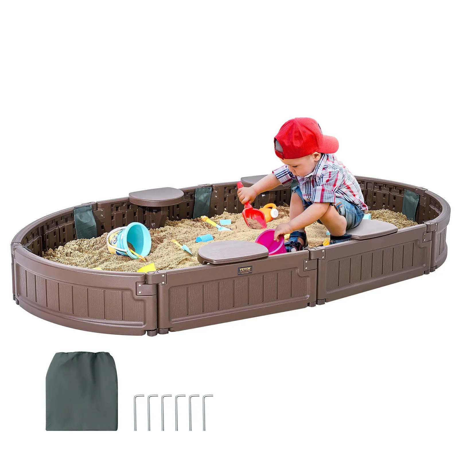【DealsForYouDays】VEVOR Plastic Unisex Oval Sandbox with Cover, 72x41.5x9.1in HDPE Sand Pit with 4 Corner Seats & Bottom Liner, All-Seasons Outdoor Backyard Use, Gift for 3-12 Years Old Kids, Brown
