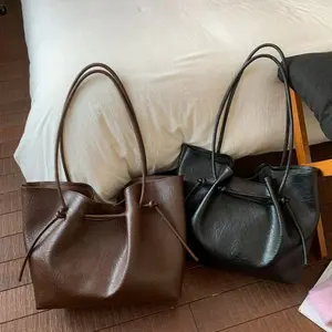 Women's Drawstring Tote Bag, Vintage Soft PU Leather Hobo Shoulder Handbag, Large Capacity Casual Top Handle Bag for Daily Use