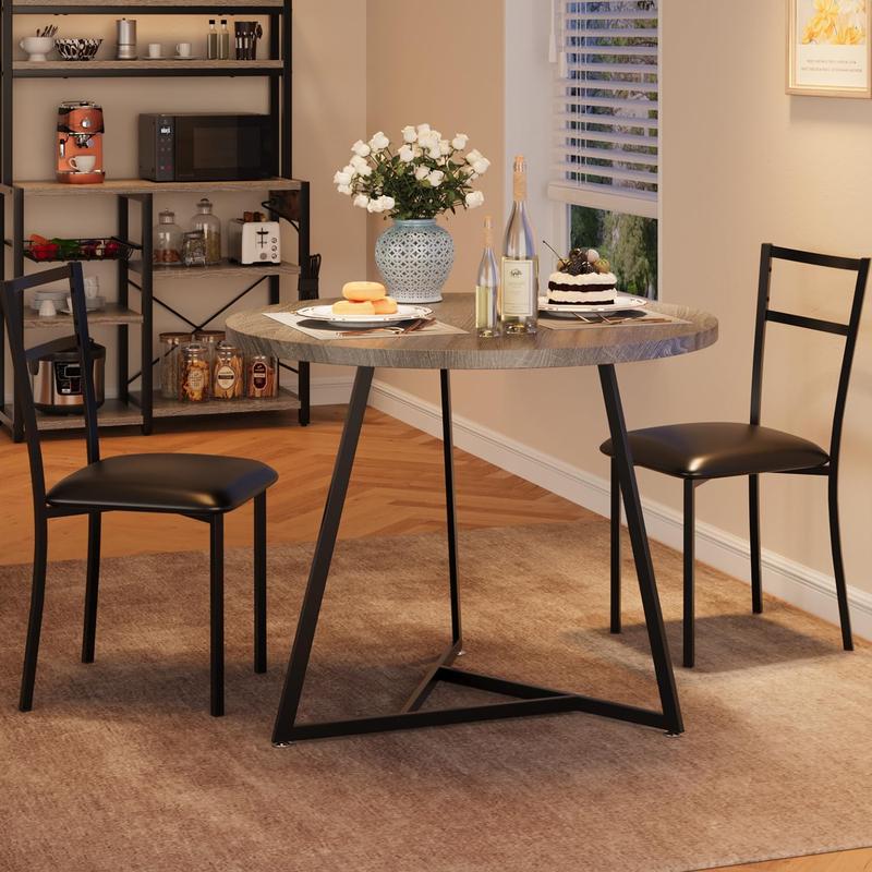 3-Piece Kitchen Table Set - Retro Gray Rustic Sturdy Round MDF+Steel Dining Table for 2, Comfortable Upholstered Chairs, 2 Extra Placemats, 300 lbs Capacity, 31.4”L*31.4”W*29.5”H, Space-Saving for Small Apartments, Assembly Required