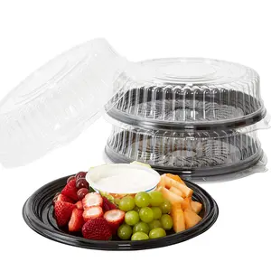 Heavy Duty, Recyclable 12 in. Serving Tray and Lid 3pk. Large, Black Plastic Party Platters with Clear Lids Dishware Plate, Elegant Round Banquet or Catering Trays for Serving Appetizers