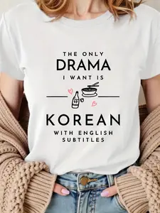 Korean Drama Fun Print T-Shirt, Daily Commute/streetwear/appointment Versatile Comfortable Top, Casual Fitted Graphic Tee