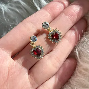 Red Heart Earrings, Gold Lace Earrings, Ruby Gemstone Earrings, Romantic Heart Stud, Vinatge Earrings, Bridesmaid Wedding Anniversary Gift