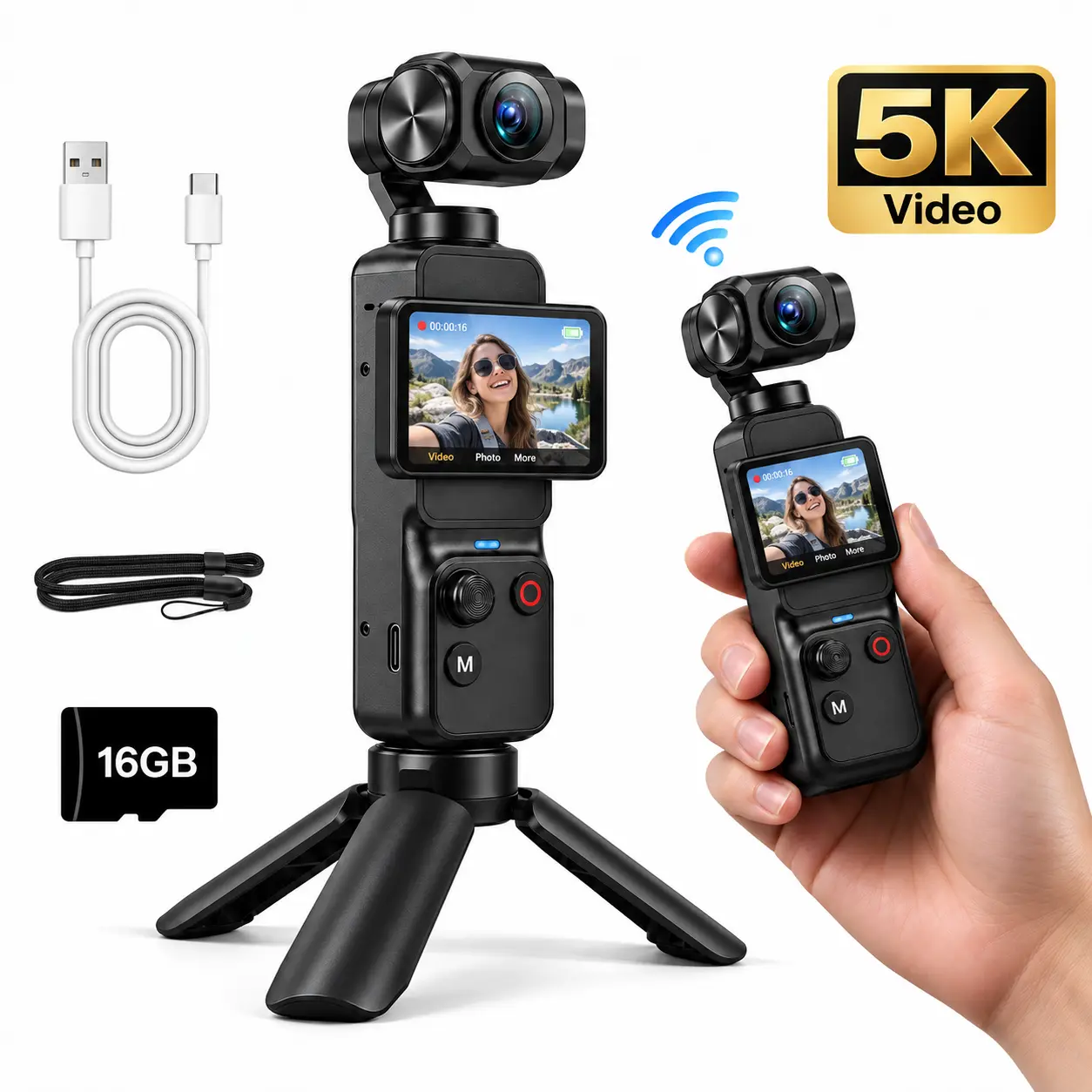 Q17 Handheld Gimbal Camera for Vlogging, 2-Axis Pan & Tilt, Face Tracking, Rotating Touchscreen, WiFi App, Pocket Camera for Beginners, Travel, Selfies & Content Creation