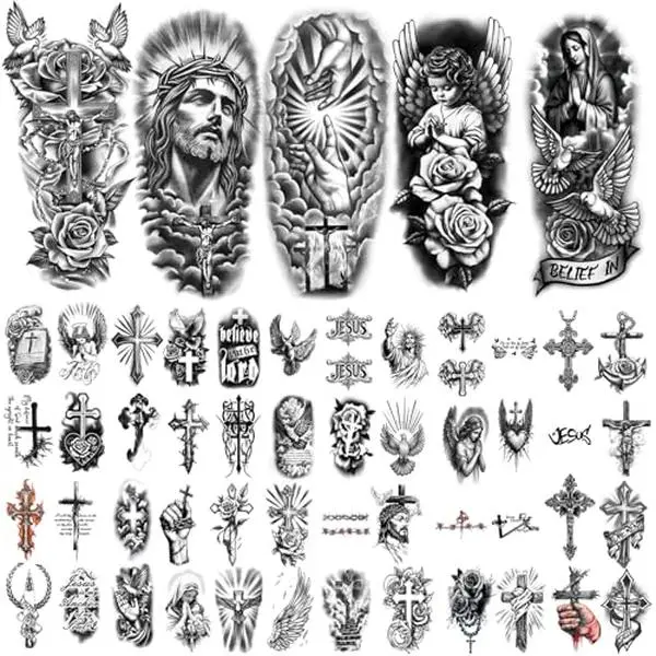 77 Sheets Christian Cross Temporary Tattoo for Women Men, 17 Sheets Half Arm Large Religious Jesus God Fake Tattoos, 60 Angels Black Christ Tiny for Adult Kids Body Tattoos Stickers Realistic