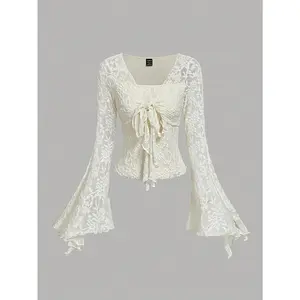 Apricot Romantic & Elegant Front Tie Blouse, Cute T-Shirt For Women, Autumn/Winter Hollowed Costumes Women Outfit Pirate Top Princess Women Costume Going Out Tops