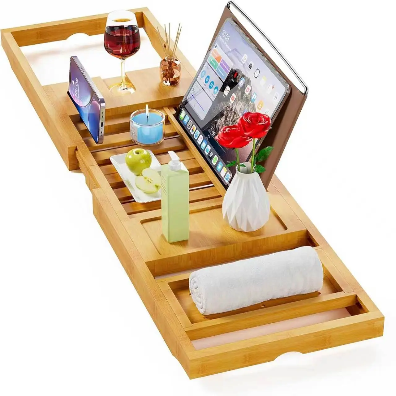 Premium Expandable Bamboo Bathtub Tray Bath Caddy with Wine Holder And Phone Slot for Reading Relaxation..