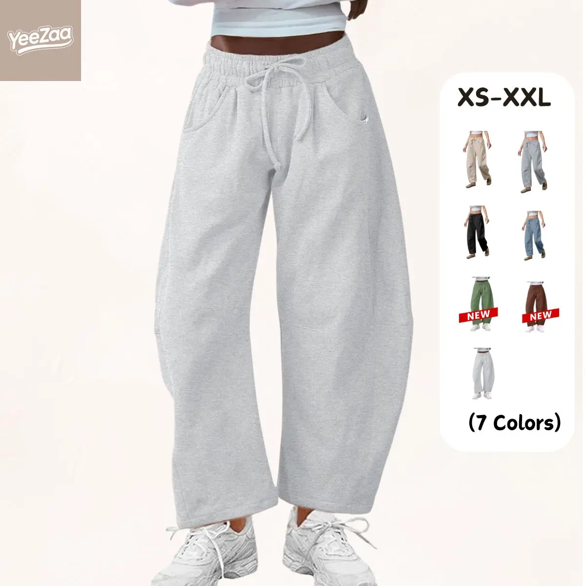 YeeZaa Women's Casual Barrel Sweatpant Back to School First Day Outfit College Outfit Transitional Fall Look Office Outfit Drawstring Elastic Waisted Wide-Leg Pants Cotton Palazzo Trousers with Pockets
