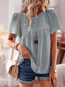 Women's Plain Contrast Lace Swiss Dot Blouse, Casual Short Sleeve Round Neck Top for Summer, Ladies Clothes for Daily Wear