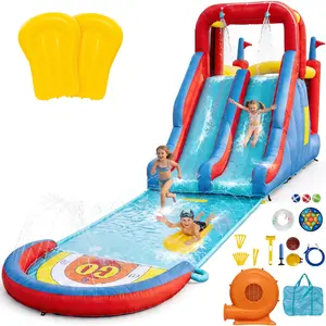Joyracer Water Slide Inflatable Bounce House with Detachable Surfboards 22FT Long Water Slides for Summer Backyard Play, 8-in-1 Wet & Dry Use Outdoor Bounce House for Kids 3-12, with 550w Blower, 3 Water Slide with Sprinkler and 2 Slip Inflatable Boards