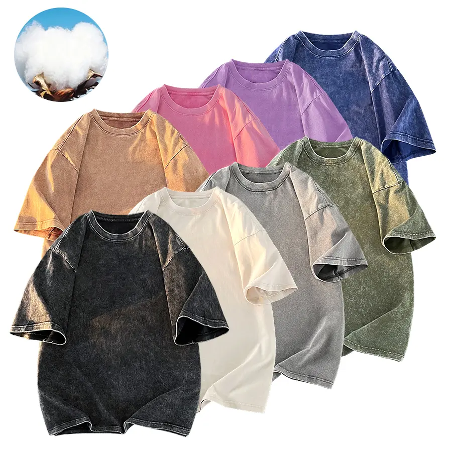 American vintage washed distressed solid-color short-sleeve T-shirt, made from pure cotton fabric that is skin-friendly and breathable, featuring a loose drop-shoulder fit that conceals bulges for a slimming effect. Available in multiple colors, with a cr