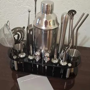 Stainless Steel Multi-Size Cocktail Shaker Set (5-23 Pieces) with Black Stand & Cocktail Recipe, 25oz Boston Type Shakers, 25/20oz Options, 750/600ml Home Bar Bartending Tools Kit, Cup, Drink
