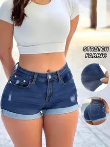 Women's Slim Fit Denim Shorts, Flared Hem, Summer Casual Beach Wear, Comfortable Fashion Design, Perfect for Daily Use, Cuffed, Fabric