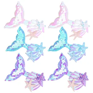 L-HDW090 6 Pcs Mermaid Hair Clips for Girls, Aurora Sequins Fish Tail Hairpin Starfish Sequin Hair Accessories Multicolor Sparkling Hair Barrettes for Little Girls Toddlers Kids and Teens