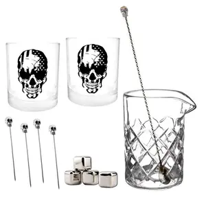 BarConic® Skull Whiskey Set - Kitchenware Drinkware Stirring Glasses with Reusable Steel & Glass Components, Ideal for Cocktails & Ice Cube Serving