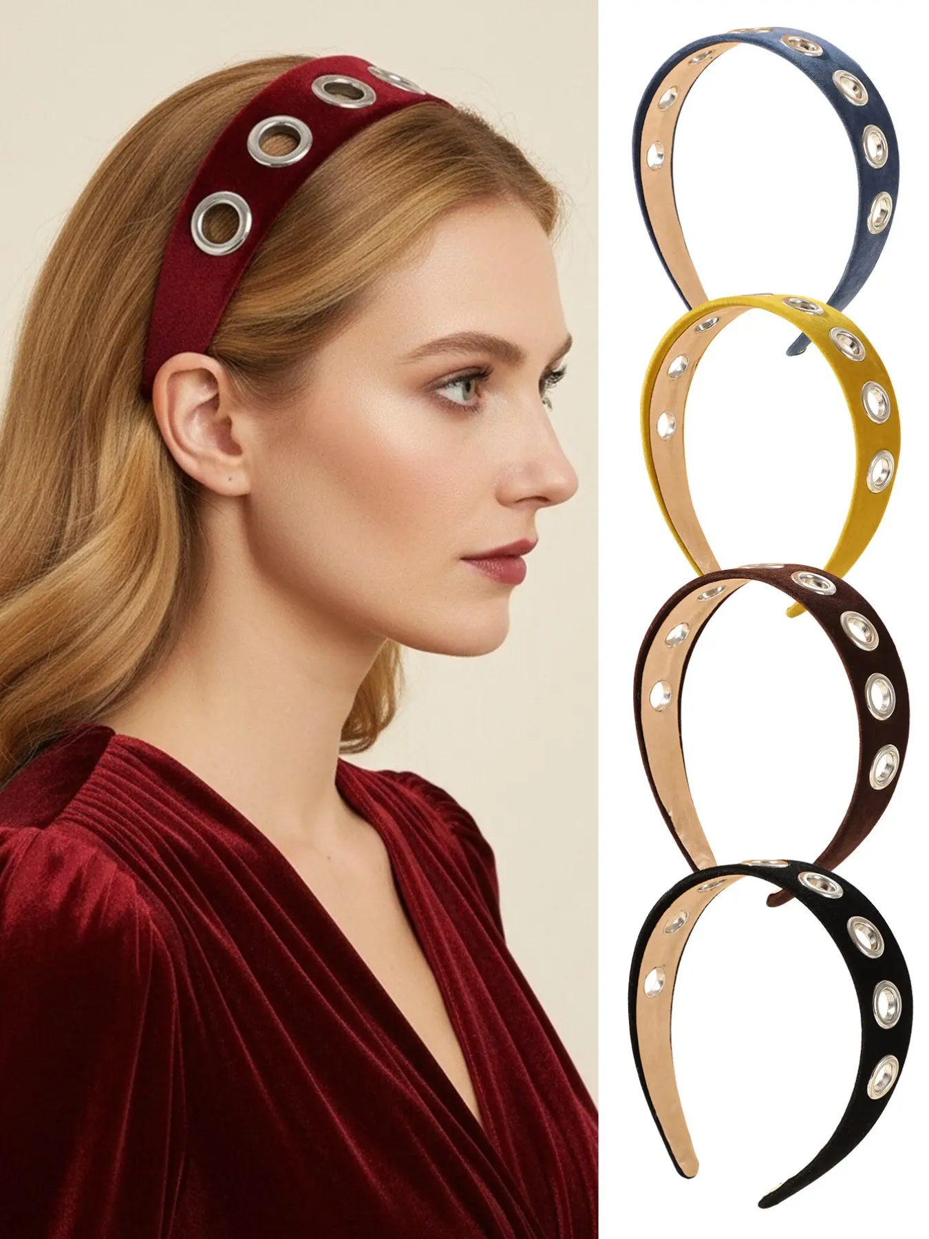 Women's Y2K Punk Style Hairband, Velvet Material Wide Band Design, Metal Eyelet Detail, Trendy Streetwear Accessory for Daily Wear & Music Festivals, Grommet Headband, Bling Hair Headband, Fashion Headbands