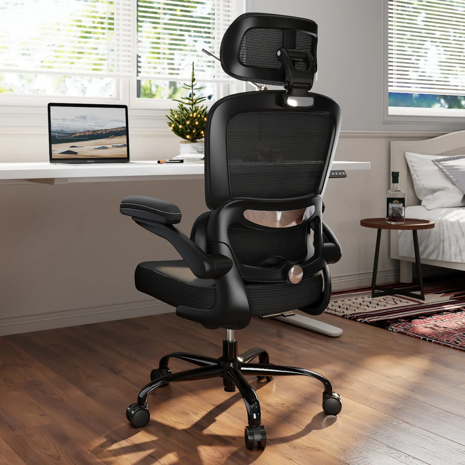 【TRALT】Ergonomic Home Office Furniture Desk Chair - Adjustable Height Chair, Breathable Mesh & Leather Seat, Space-Saving Flip-up Arms, High Back Support, Adjustable Lumbar Support & Headrest (for Home & Gaming)
