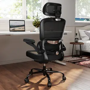 【TRALT】Ergonomic Home Office Furniture Desk Chair - Adjustable Height Chair, Breathable Mesh & Leather Seat, Space-Saving Flip-up Arms, High Back Support, Adjustable Lumbar Support & Headrest (for Home & Gaming)