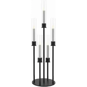 5 Arm Taper Candle Holder with Clear Acrylic Shades, Candelabra Centerpiece, Metal Candlestick Holder, Candle Stand for LED Taper Candles (1, Black (exclude led Candles), 33.5'' x 7.87'')