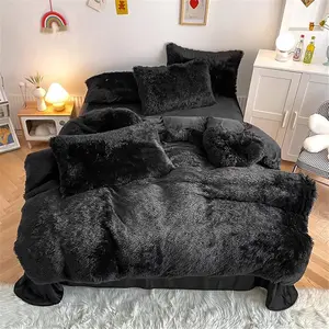 King Size Faux Fur Plush Coffee Comforter 3PC Set - Ultra Shaggy Flannel Velvet, Fluffy Fuzzy