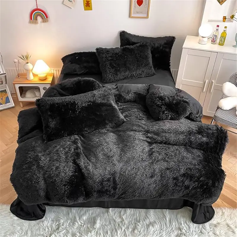 King Size Faux Fur Plush Coffee Bed Comforter Set - 3PC Ultra Shaggy Flannel Velvet Breathable Quilt Set Bedding