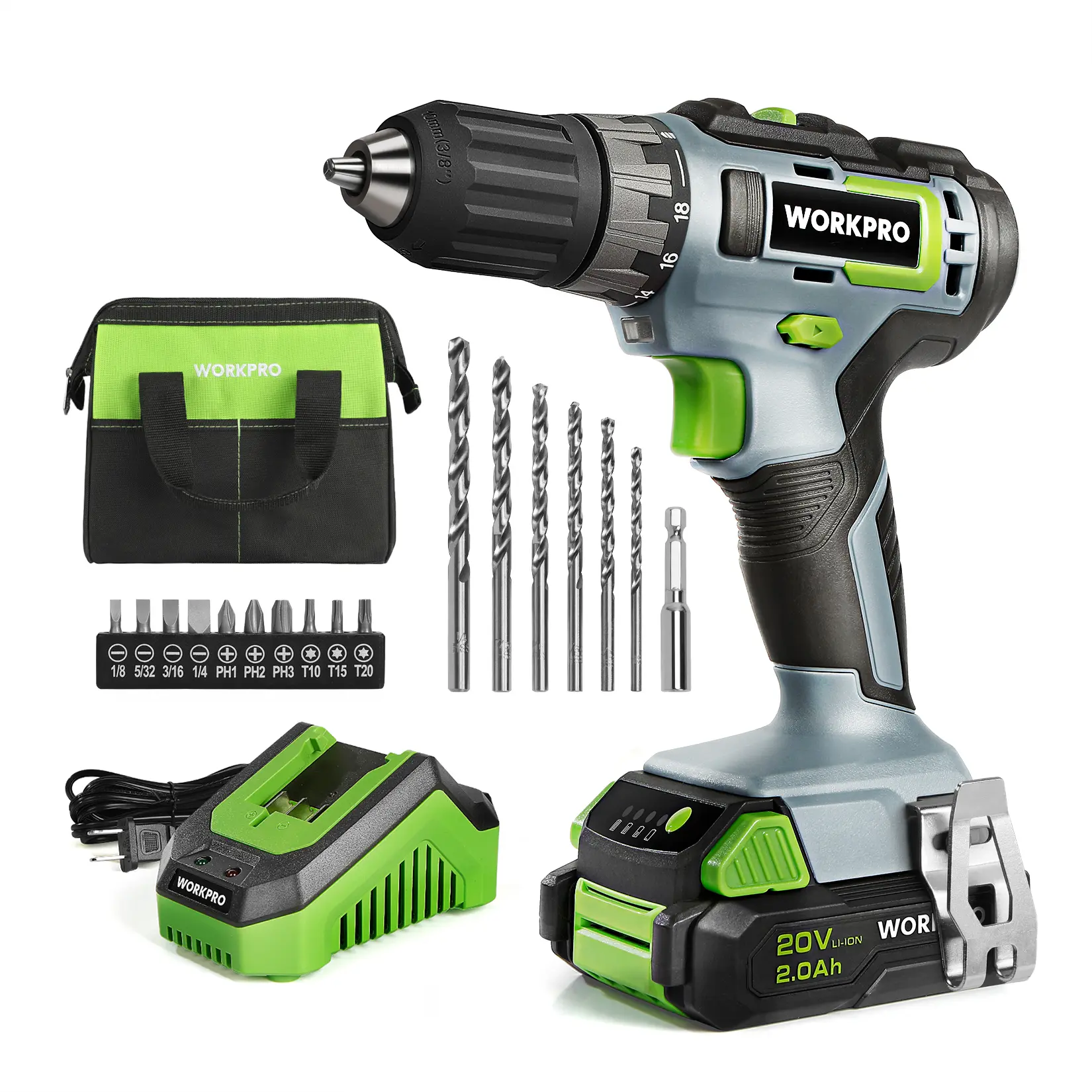#backtoschool WORKPRO 20V Cordless Drill Driver Kit, 3/8'' Keyless Chuck, 2.0 Ah Li-ion Battery, 1 Hour Fast Charger and 11-inch Green Storage Bag Included