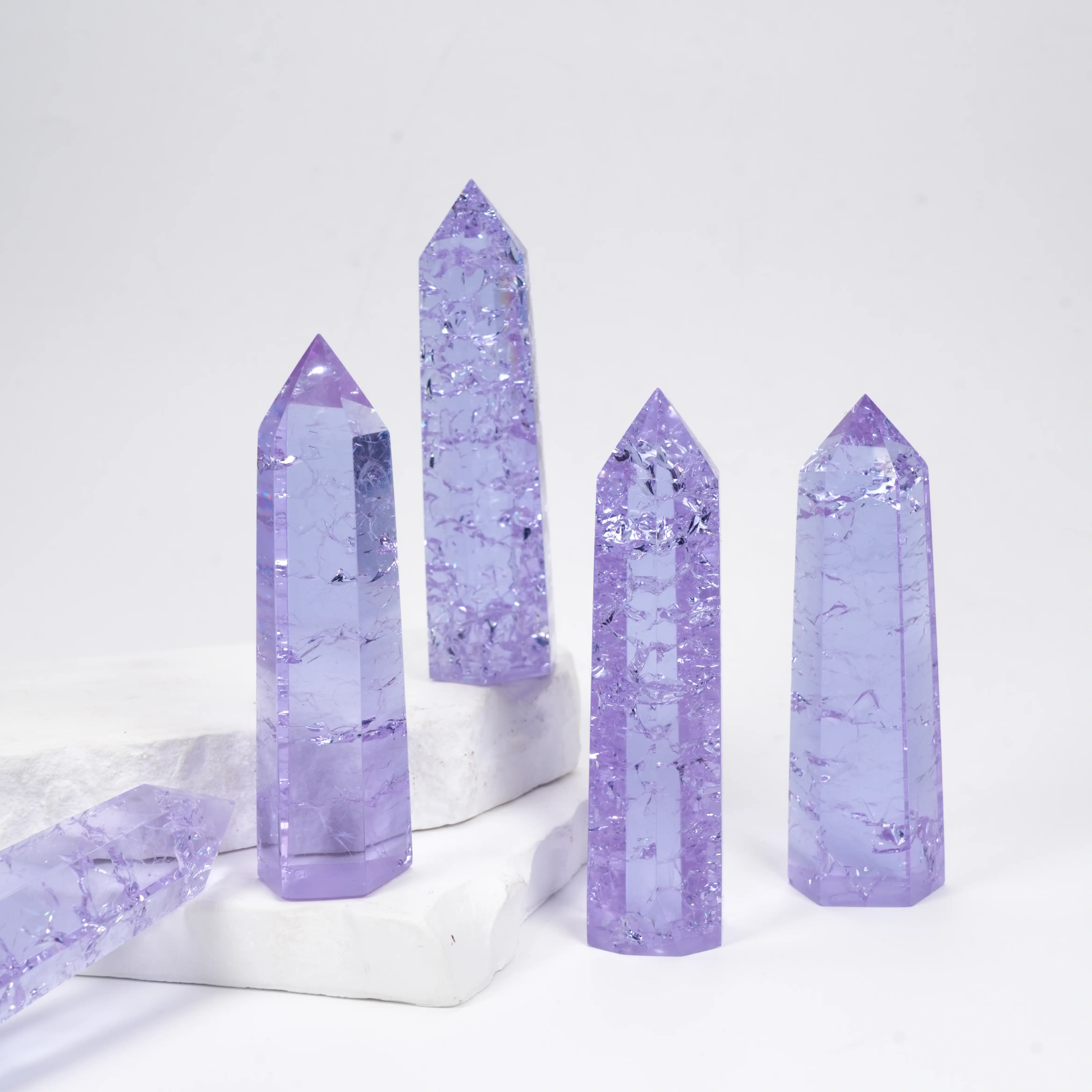 Purple Crackle Quartz Crystal Wand Point, Natural Healing Crystal Single Terminated Tower, Raw Crackle Gemstone Faceted Prism for Meditation, Reiki Energy & Home Decor