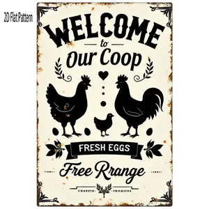 1pcs Iron Sheet Painting Decorative Painting Wall Decoration GiftRustic Vintage Welcome Sign for Farmhouse Decor - Cream Background with Distressed Brown Edges, Features Hen, Rooster, and Chick Silhouettes, Fresh Eggs Banner and Free Range Text, Pe