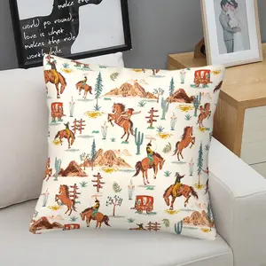 Vintage Western Cowboy Throw Pillow, Retro Wild West Cushion, Rustic Decorative Accent Pillow (Includes Pillow Core), Desert Horse Cactus Print for Western Lovers, Dorm & Rustic Home Decor
