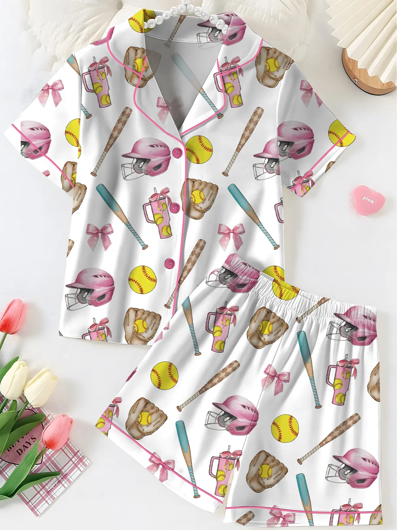 Softball Satin Pajamas Set, Women's White Satin Pajama Set – Softball Print Sleepwear, Sporty Summer Loungewear