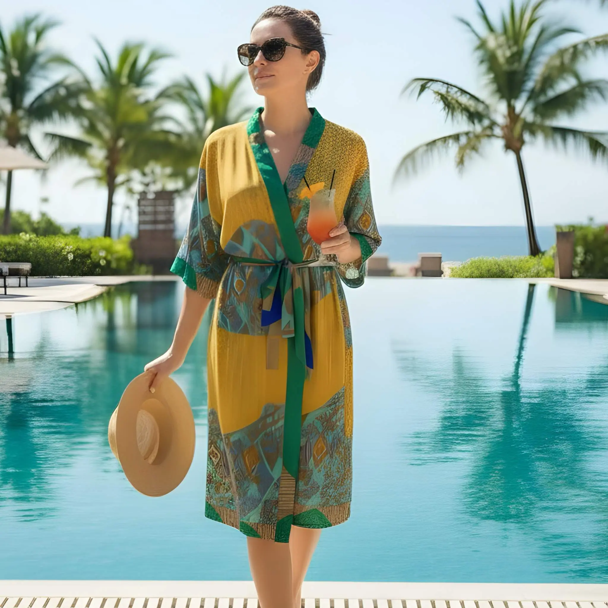 Recycled Silk Vintage Kimono - Sunshine, Emerald, Teal Blue