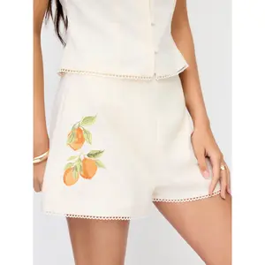 Cider Linen-blend Fruit Graphic Mid Rise Embroidery Shorts