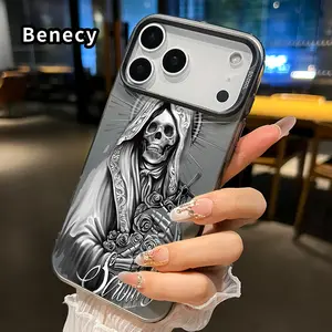 Case for iPhone 17 16 15 14 Pro Max 13 12 11 XR XS Plus Air E Skull Devout Grace Pattern IMD Hard Polycarbonate Drop Protection Phone Bumper Cover