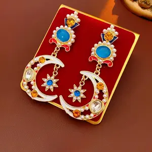Inlaid Rhinestone Star Moon Earrings for Women – Gold-Plated Dangle Drop Earrings with Blue Rhinestones, Vintage Celestial Jewelry for Party, Daily Wear, Gifts for Her