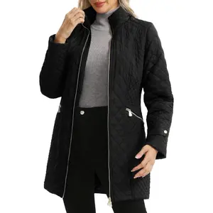 Women's Plus Size Long Quilted Jackets Diamond Quilted Lightweight Jacket Stand Collar for Spring Fall