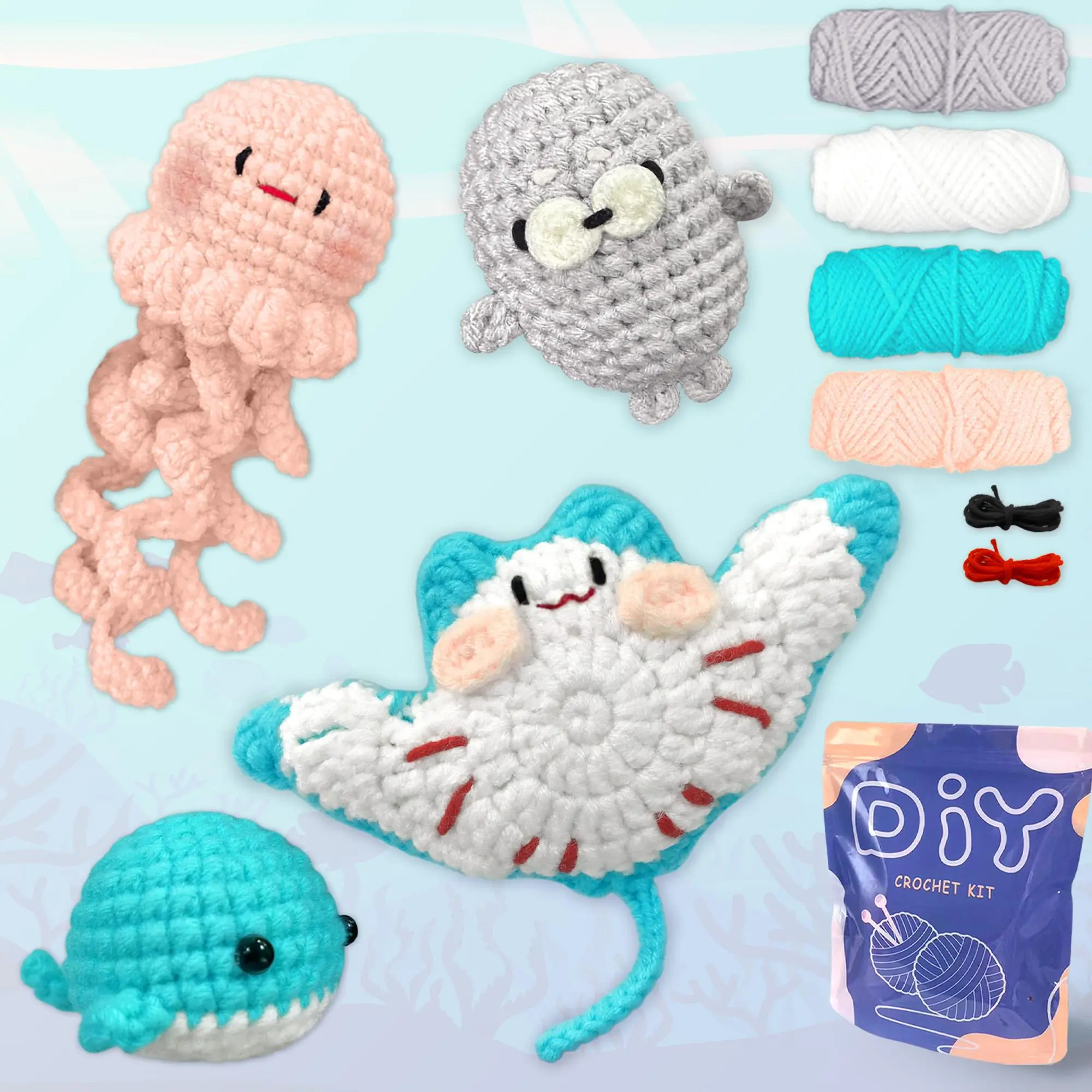 Ocean Animal Amigurumi Crochet Toys, 4 Counts/set Cute Crochet Toy with Random Color Accessories & Tools, DIY Handmade Crochet Kit for Beginner, Handmade Crafts, DIY Kits