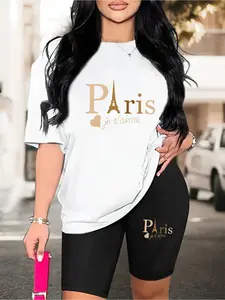 Fashionable and cute Parisian letter print, spring and summer women's set, women's two-piece set, casual and fashionable round neck T-shirt with slim shorts, Womenswear, Fitted, Clothes