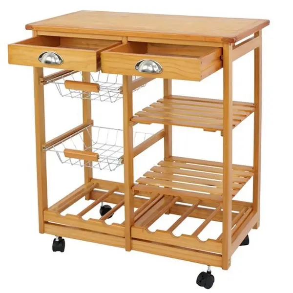 Zeny 3-Layer Pine Wood Rolling Kitchen Island Cart - Single Unit Rectangle Countertop Stand with Sturdy Locking Castors, Drawers, Hanging Utensil Rack, Serving Platter Holder for Kitchen, Dining Use, Rolling Cart