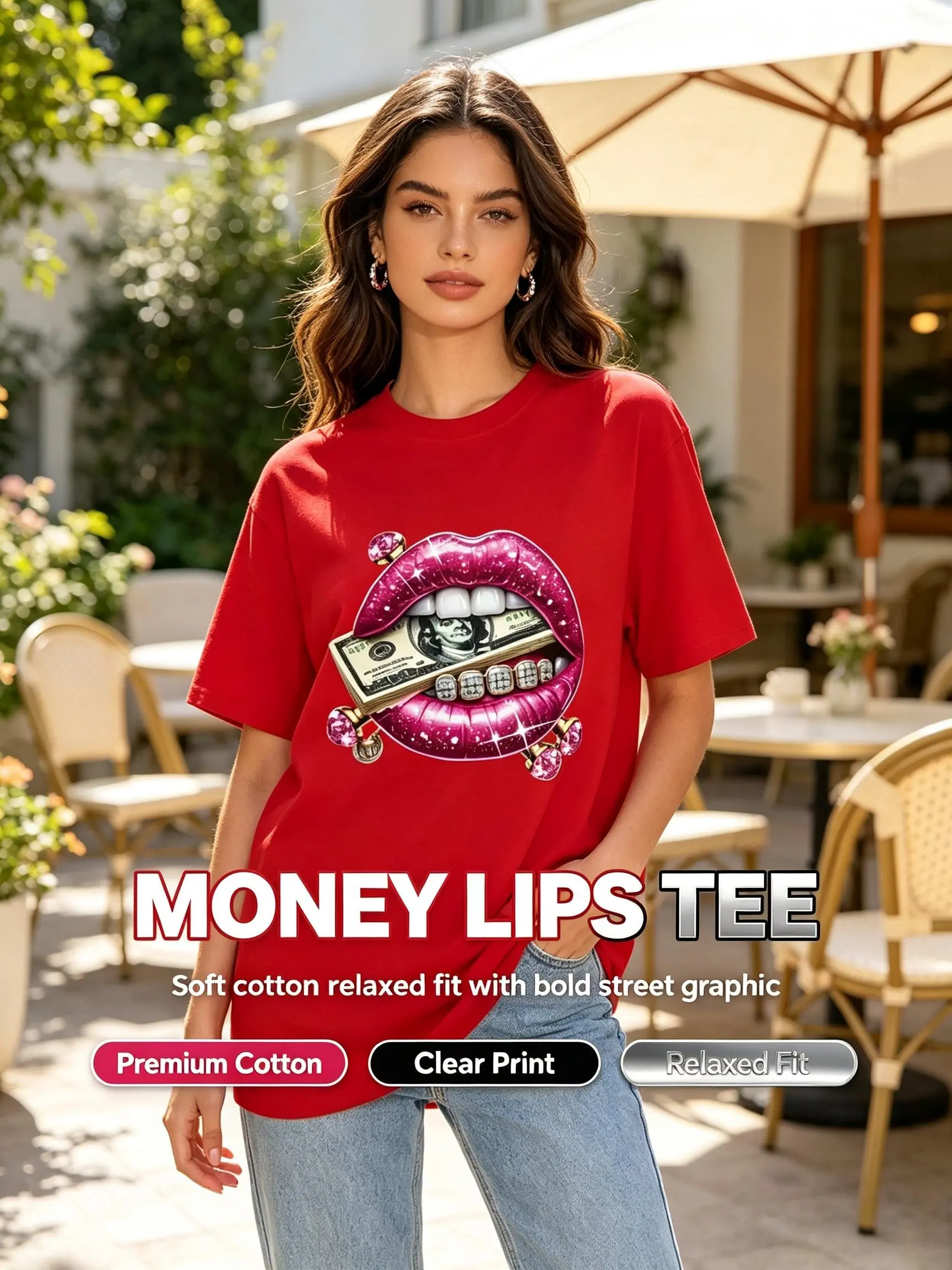 Red Glitter Pink Lips Diamond Studs Biting Dollar Bill Hip Hop Graphic Women Casual Short Sleeve T Shirt