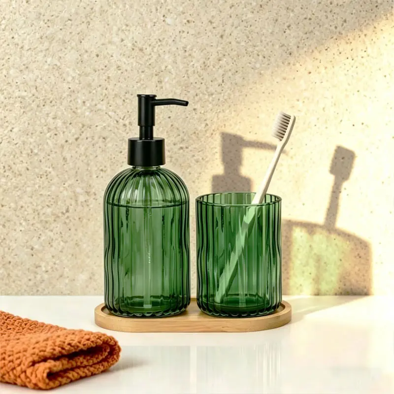 3-Pack Glass Bathroom Set with Pump Dispenser, Toothbrush Holder on Wooden Tray for Modern Bathroom Decor