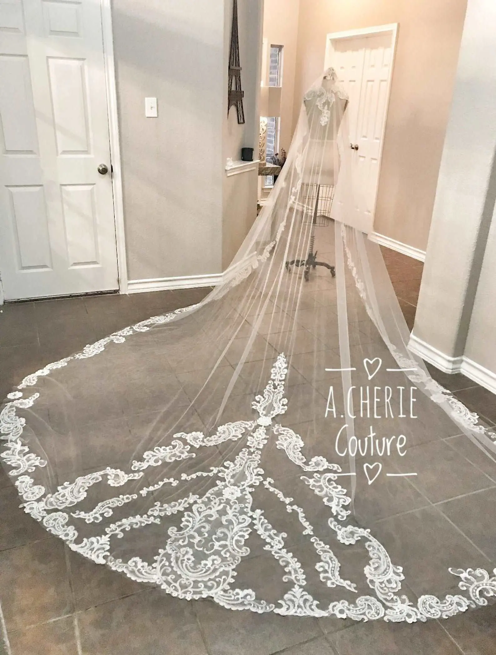 Bridal Long Cathedral Mantilla Veil - Bridal Tulle Fabric with Beaded Scroll Lace Edge, Rhinestones and Crystals