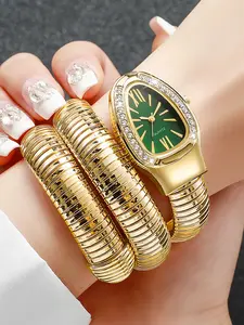 1count-Fashion Snake Shape Women Watches Luxury Gold Bracelet Quartz Wristwatch Modern Casual Wristwatch Fashionable Stylish Watch For Ladies Clock