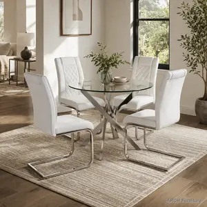 35.5" Diameter Glass+Metal Dining Table Set of 4 - Silver-Legged Table, White Modern Minimalist PU Chairs, Indoor Home Kitchen Furniture Set