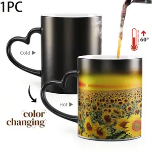 1pc Beautiful Sunflower Design Heat Sensitive Color Changing Mug - Heart-Shaped Handle, Coffee Cup, Valentine's Day & Mother's Day, Holiday Gifts, 11oz
